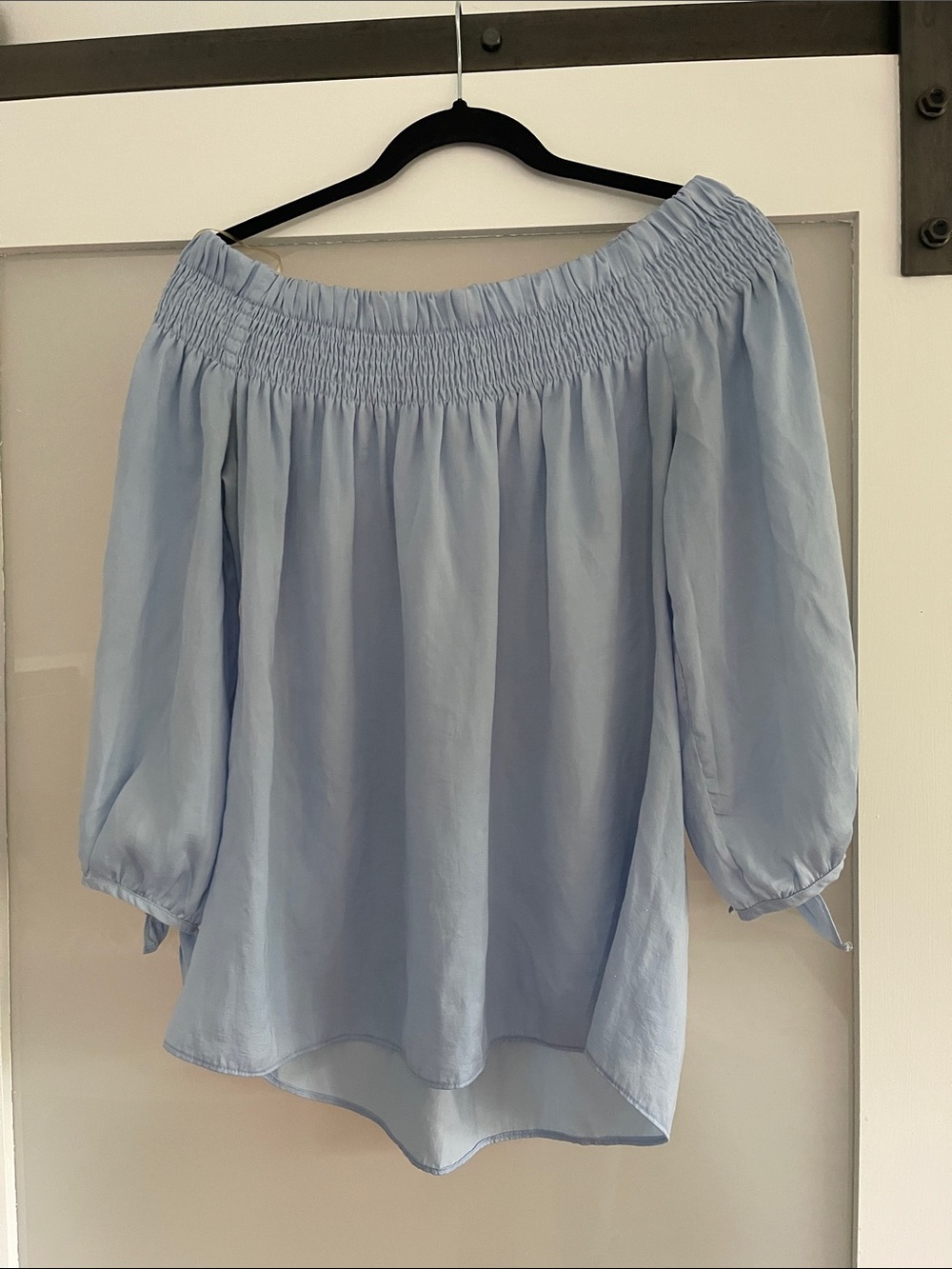 DO+BE Light Blue Off-Shoulder Smocked Blouse